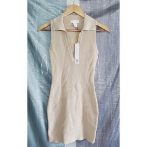 House of Harlow 1960 Beige Ribbed Sleeveless Collared V Neck Mini Dress XS